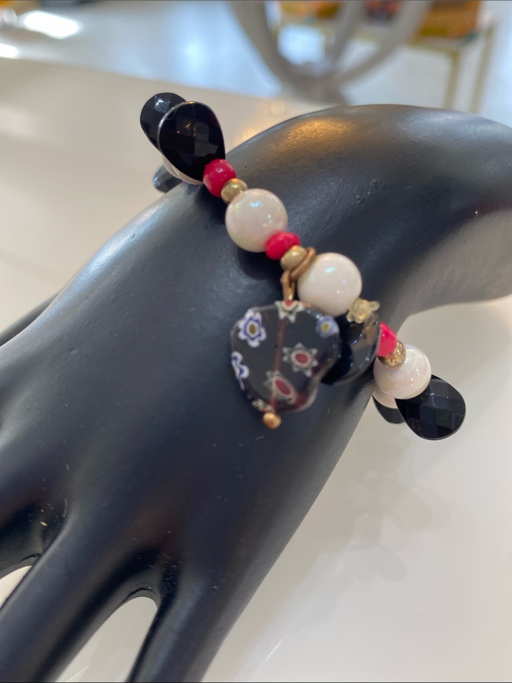 Beaded Charm Bracelet in White, Black and Red